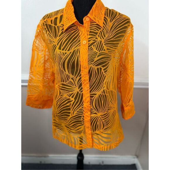 Choices Orange Semi Sheer Button Up 3/4 Sleeve Blouse Size Large - Picture 1 of 5